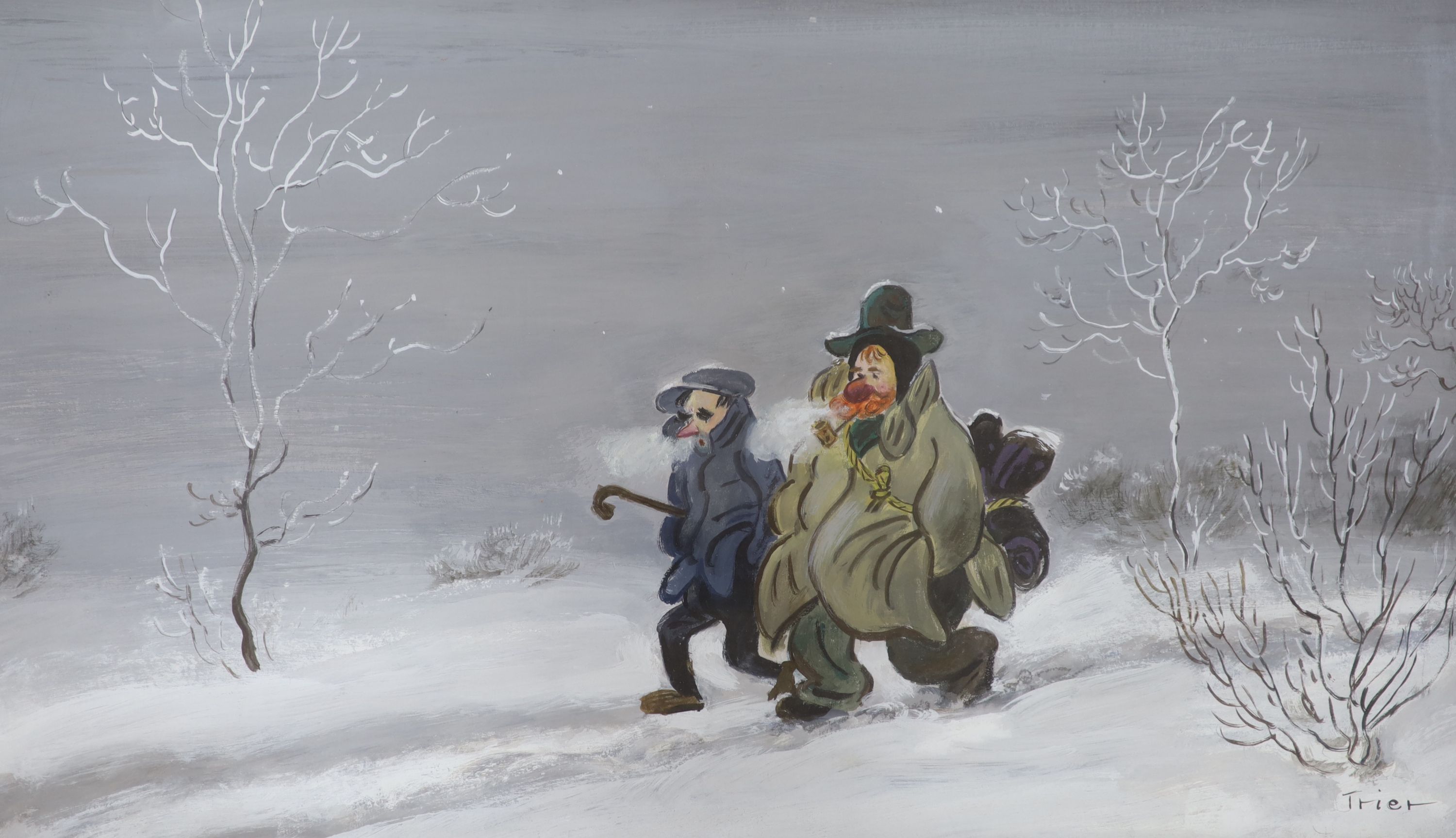Walter Trier (1890-1951), gouache, Vagrants in winter, signed, 36 x 60cm